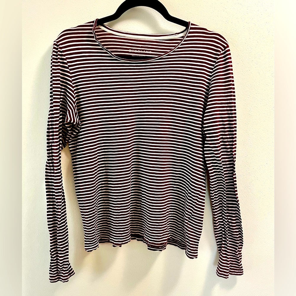 Everlane Burgundy & White Striped Long Sleeve Shirt